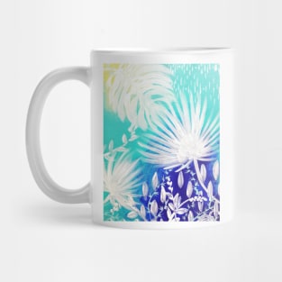 White tropical leaves on blue Mug